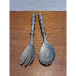 Vintage 10.5" Cast Aluminum Salad Serving Utensils Faux Bamboo‎ Handles